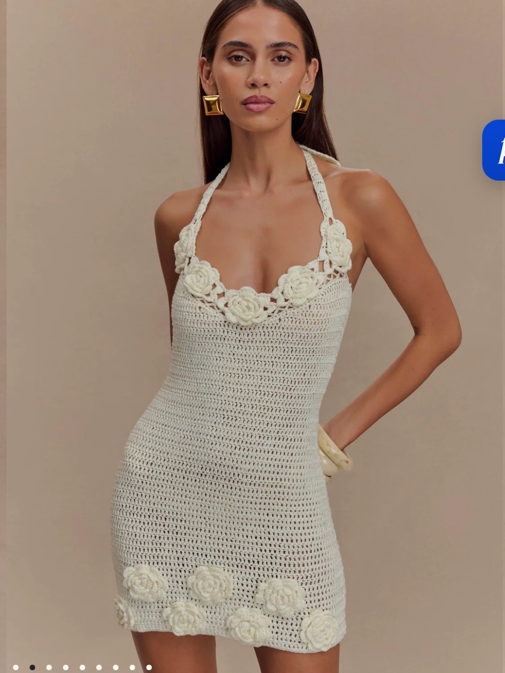 Meshki Cream Crochet Halter Mini Dress with Floral Appliqués
